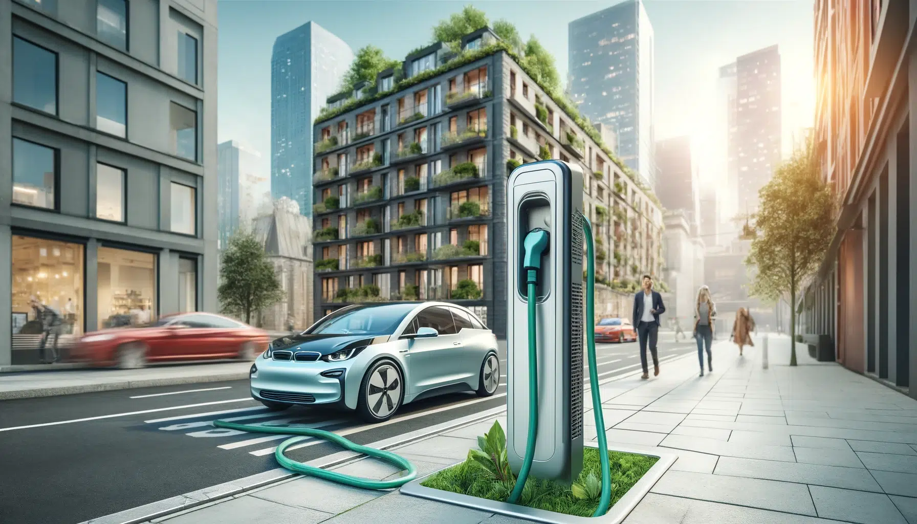 Innovationsfr Une voiture électrique bleu clair est en train de se recharger à une borne dans une rue moderne et ensoleillée bordée dimmeubles contemporains