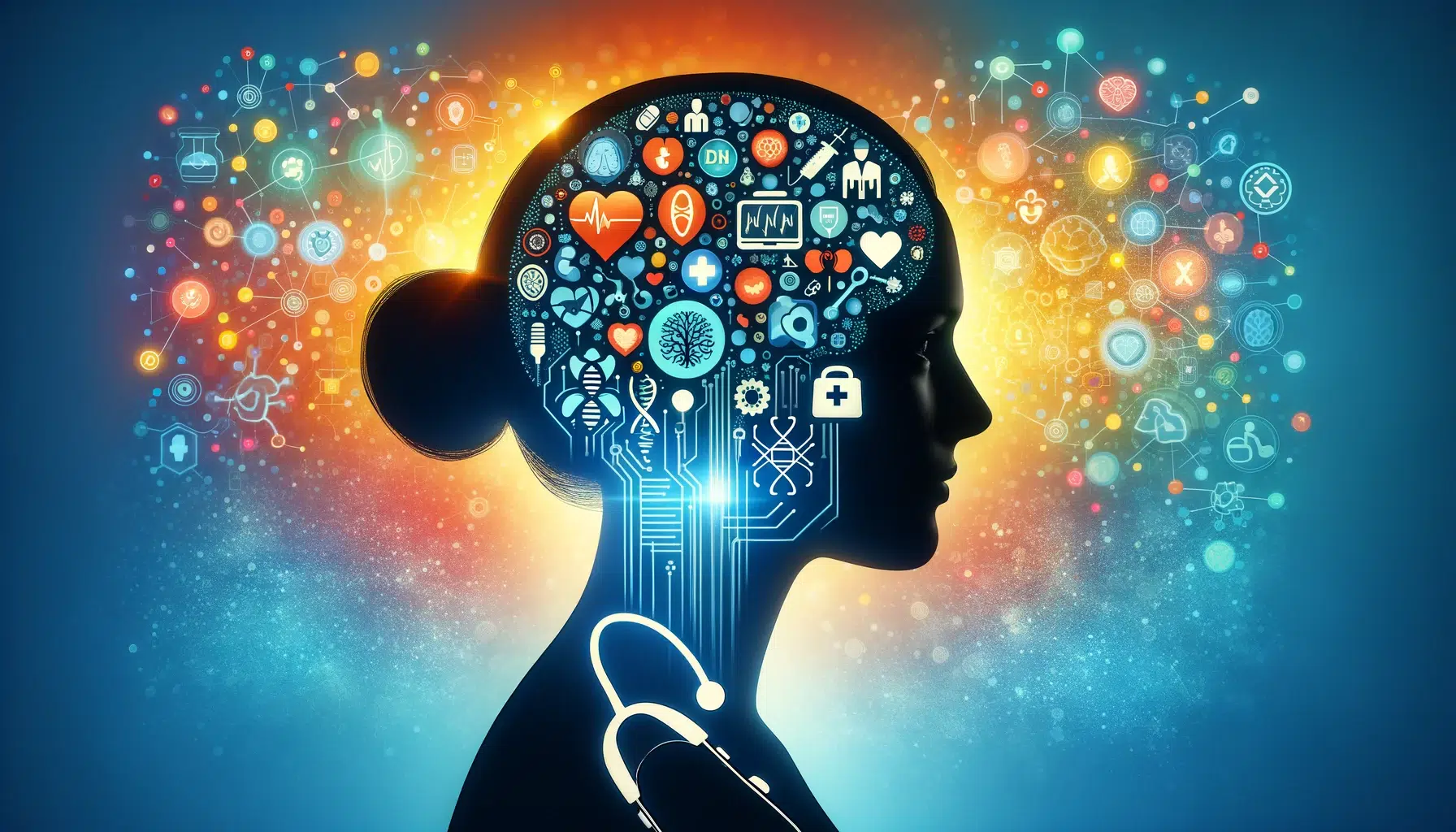 Silhouette d'un profil humain intégrant un circuit imprimé, avec un éclat de symboles médicaux et scientifiques colorés émanant de la tête, sur un fond dégradé bleu-orange.