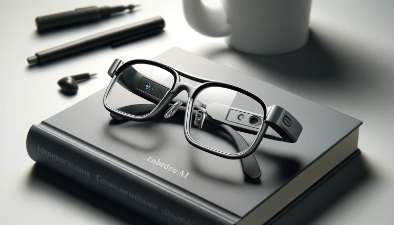 Innovationsfr Des lunettes intelligentes reposent sur un livre intitulé embedded AI à côté dune tasse et de stylos sur une surface éclairée de manière subtile