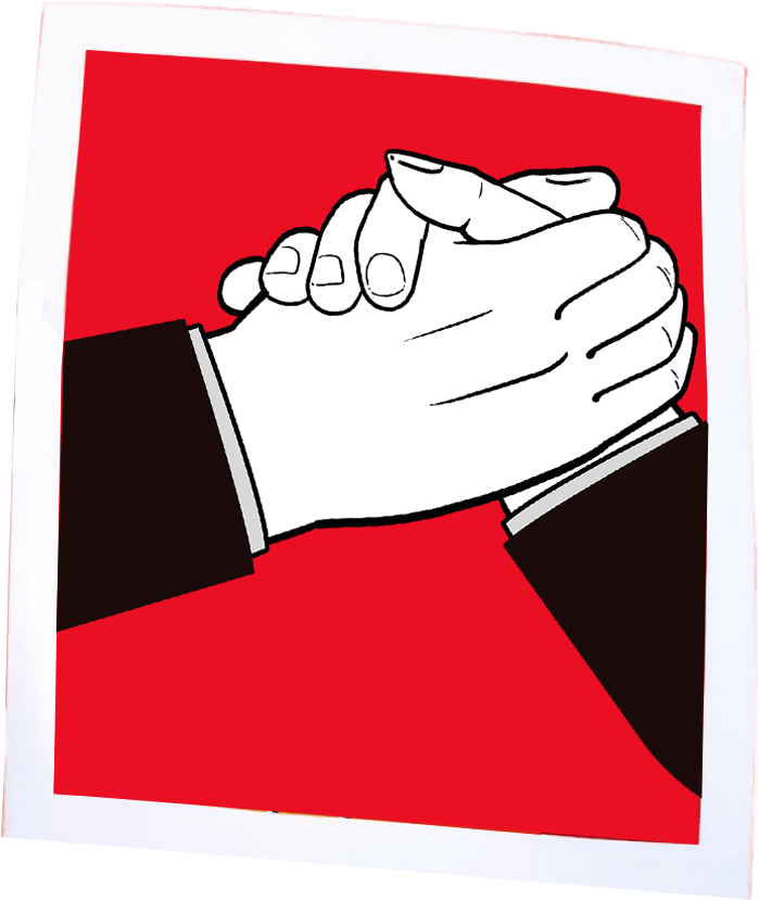 Innovationsfr Innovationsfr Illustration dune poignée de main entre deux personnes stylisée en noir et blanc avec un fond rouge vif