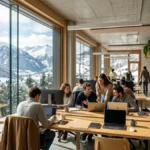 Espace de coworking moderne face aux montagnes andorranes