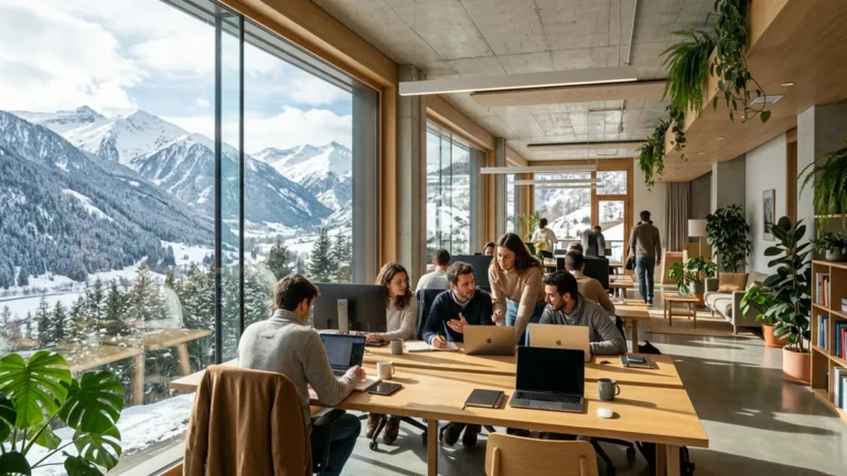 Espace de coworking moderne face aux montagnes andorranes