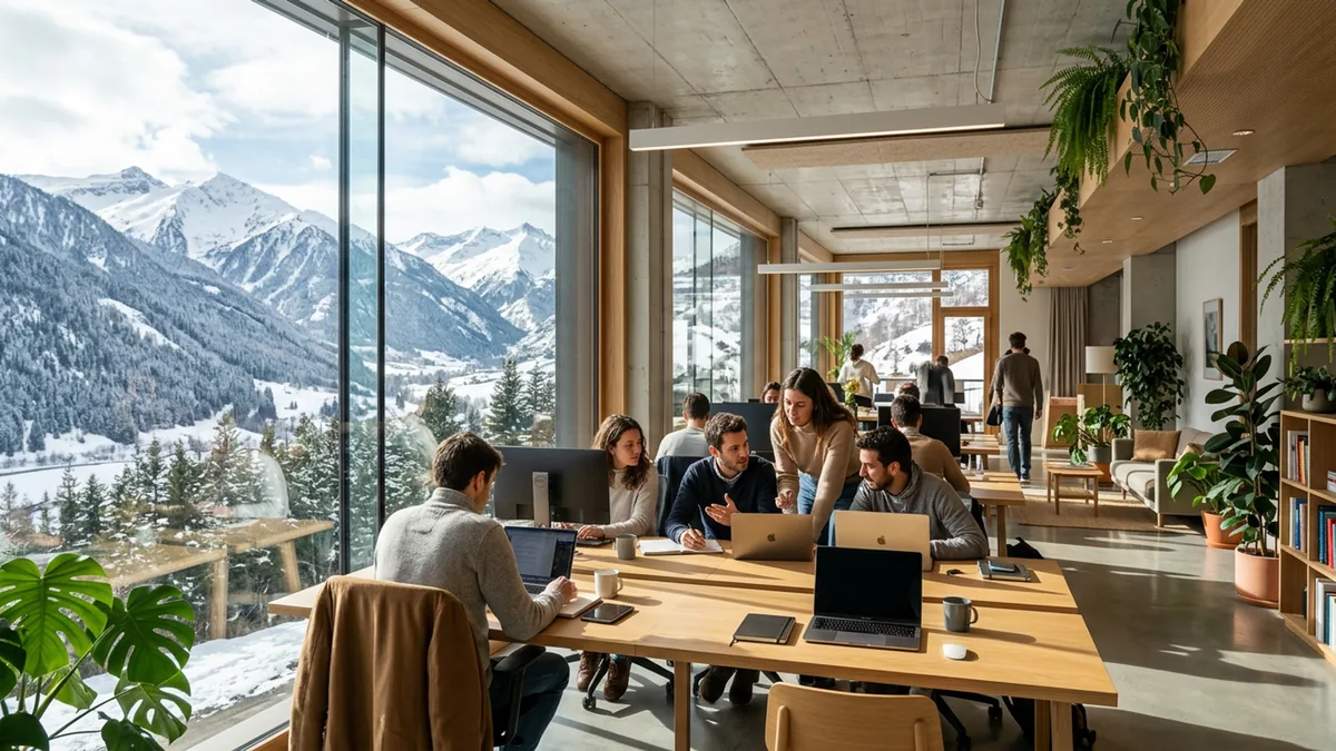 Espace de coworking moderne face aux montagnes andorranes