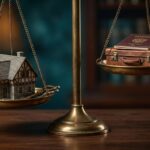 Une balance ancienne penche du côté d’une maison miniature et de ses clés, face à une valise de voyageur