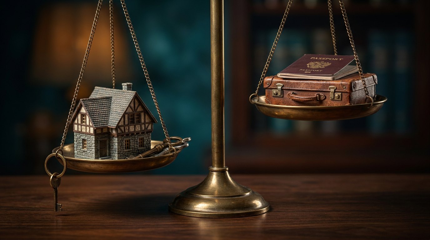 Illustration : une balance penche du côté d’une maison miniature et de ses clés, face à une valise de voyageur
