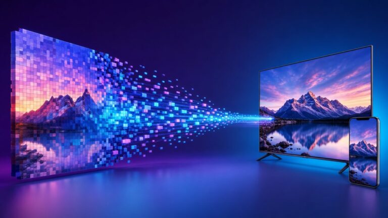 Image 4K composée de blocs de pixels qui se condense en flux de données lumineux vers un téléviseur et un smartphone