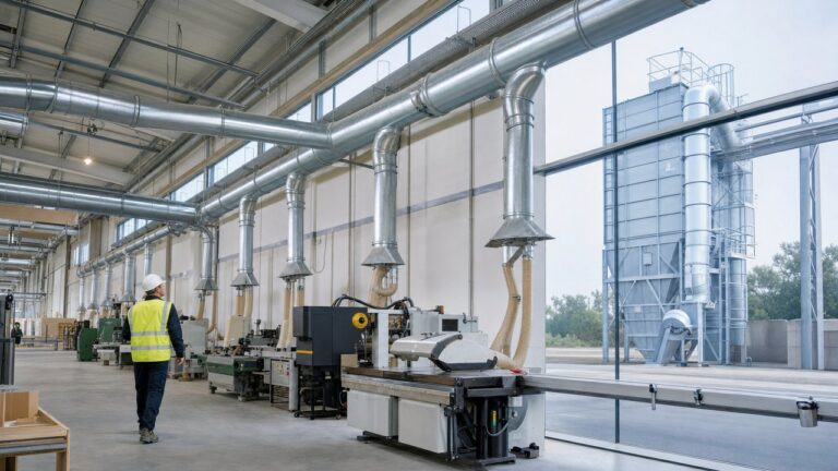 Réseau de dépoussiérage industriel avec gaines galvanisées et dépoussiéreur à manches dans une usine moderne