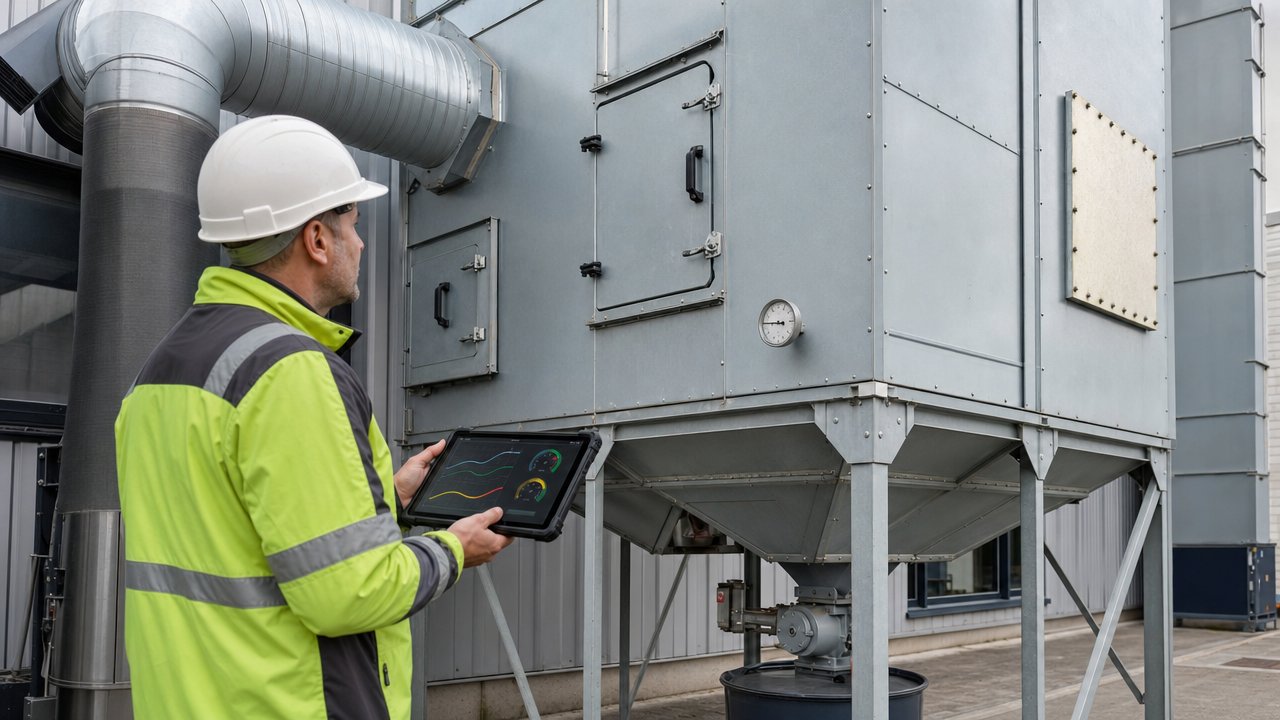 Technicien contrôlant un dépoussiéreur industriel connecté sur une tablette